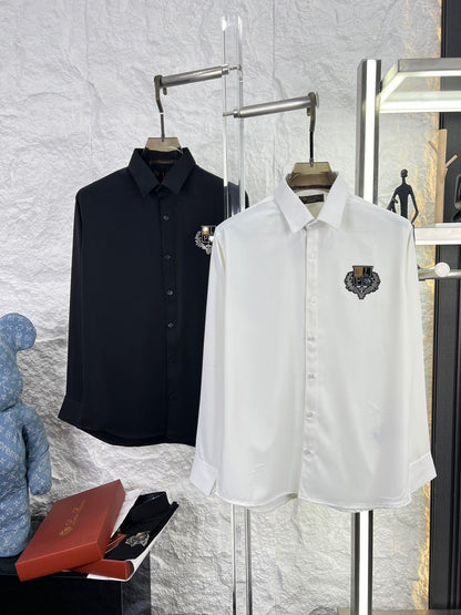 Loro Piana men's luxury shirts in white and navy with premium LP ID work