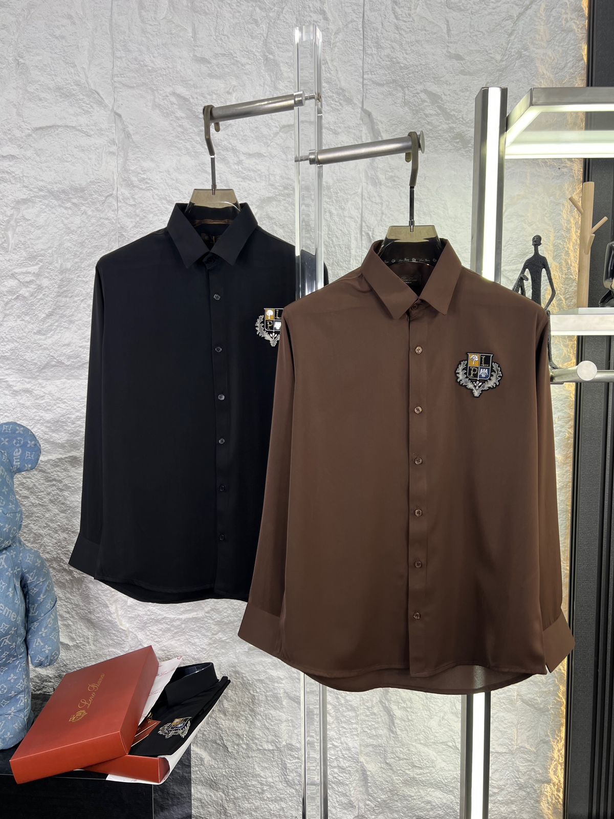 Loro Piana men's designer shirts in navy and brown with imported LP ID work
