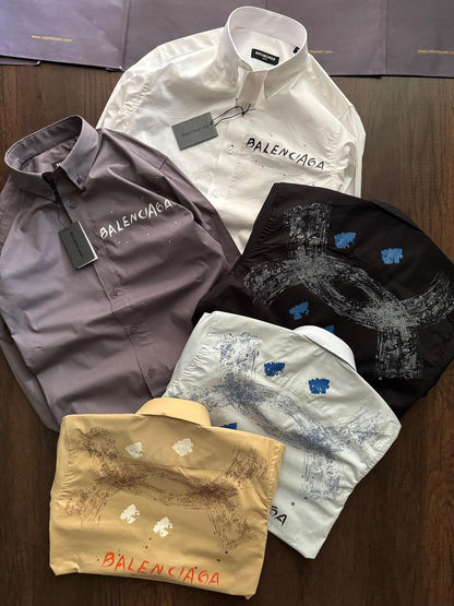 Balenciaga premium Raymond fabric regular fit shirts in white, black, lilac, yellow, and sky blue
