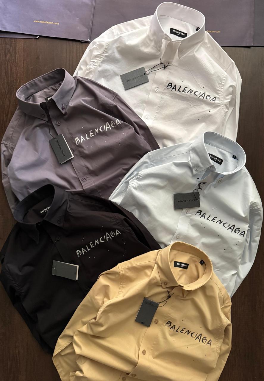 Balenciaga men's luxury designer shirts available in white, black, lilac, yellow, and sky blue
