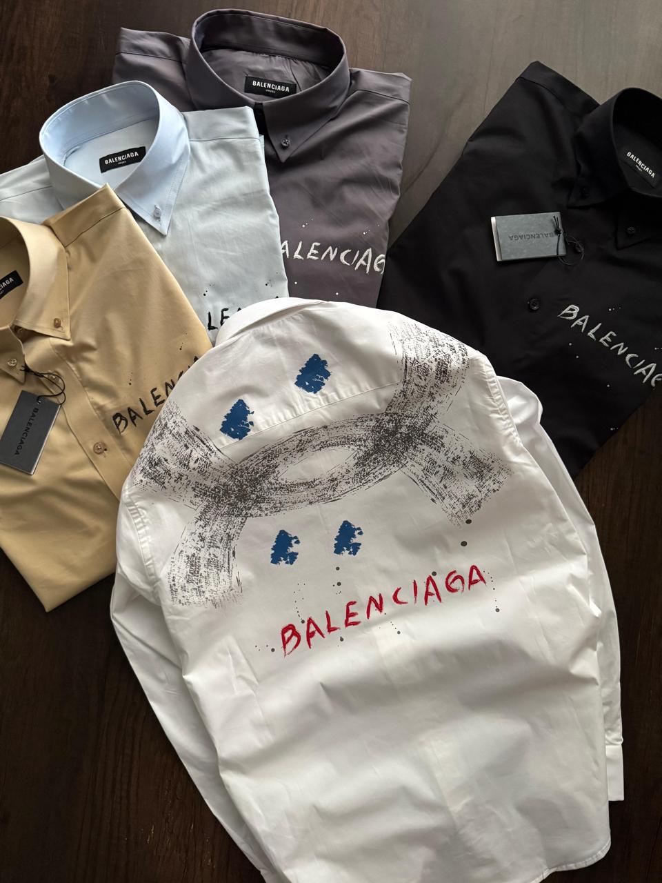 Premium Balenciaga regular fit shirts crafted from Raymond mill-made fabric in white, black, lilac, yellow, and sky blue

