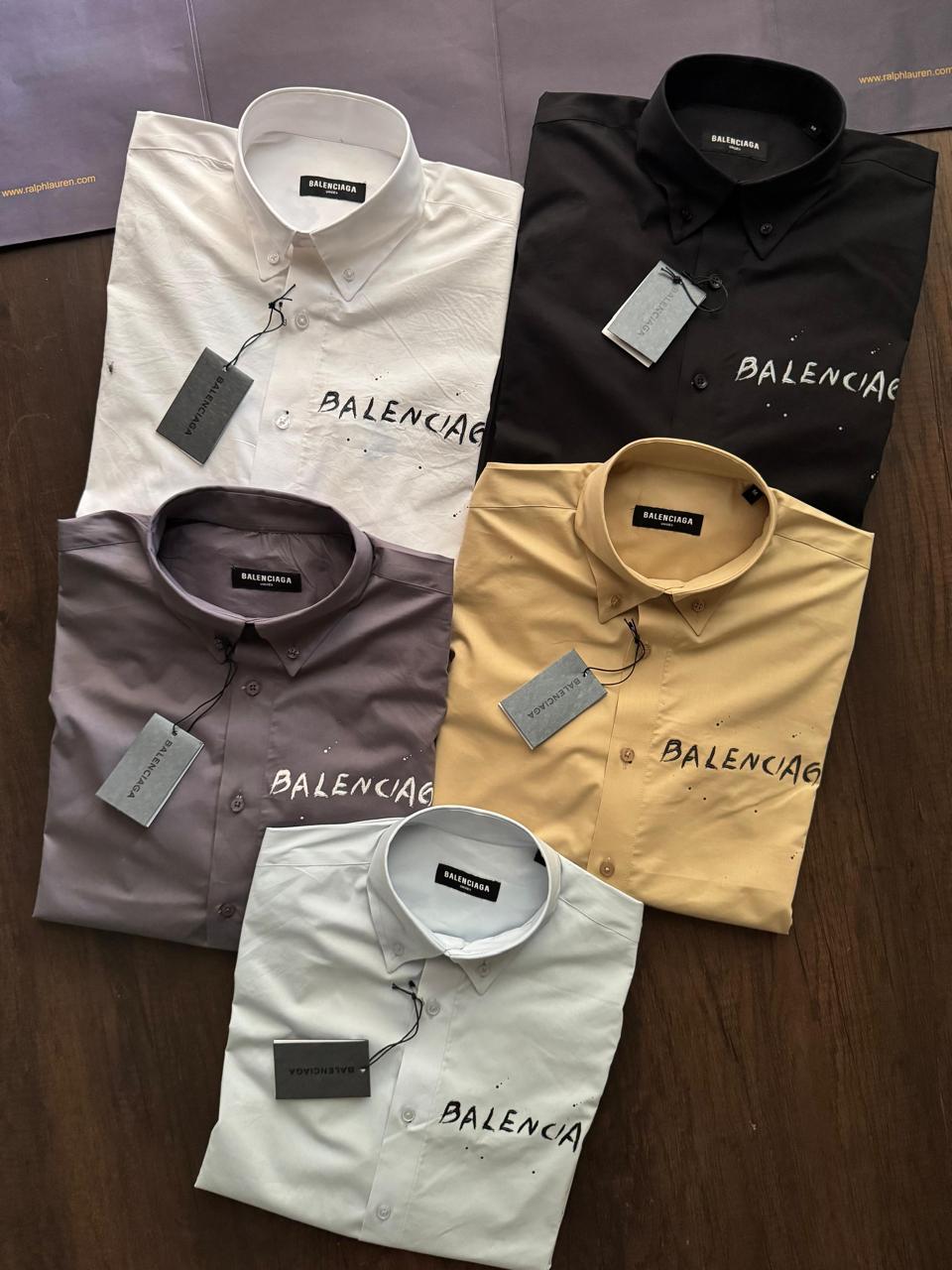 Balenciaga designer shirts for men in white, black, lilac, yellow, and sky blue with original accessories and premium craftsmanship
