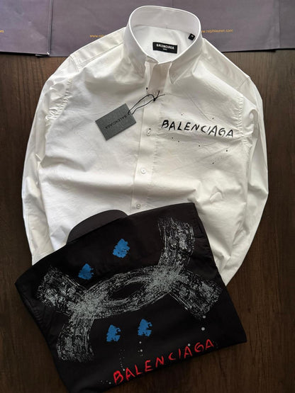 Balenciaga men's designer shirts in white and black with premium Raymond fabric