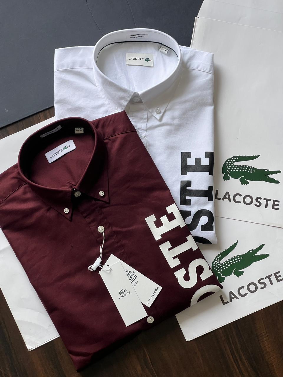 Lacoste men's designer cotton Oxford shirts in white and wine with premium craftsmanship