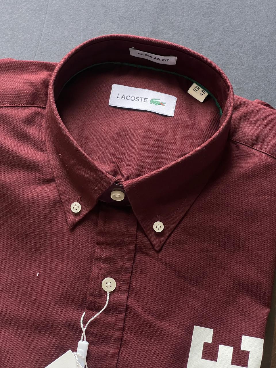 Lacoste men's wine 100% cotton Oxford regular fit shirt
