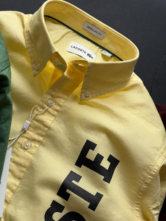 Lacoste men's yellow 100% cotton Oxford regular fit shirt
