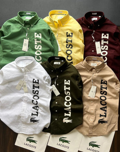 Premium Lacoste regular fit Oxford cotton shirts crafted from mill-made fabric in mint green, yellow, wine, white, black, and Beige. 