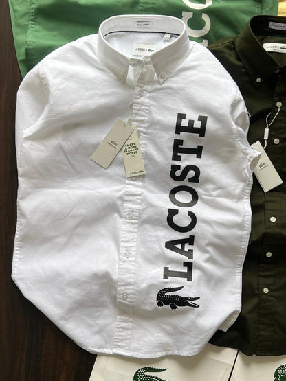 Lacoste premium Oxford cotton regular fit shirts in white.
