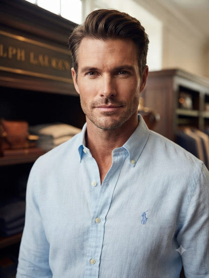 Luxury Ralph Lauren sky blue full sleeve cotton shirt with embroidered logo