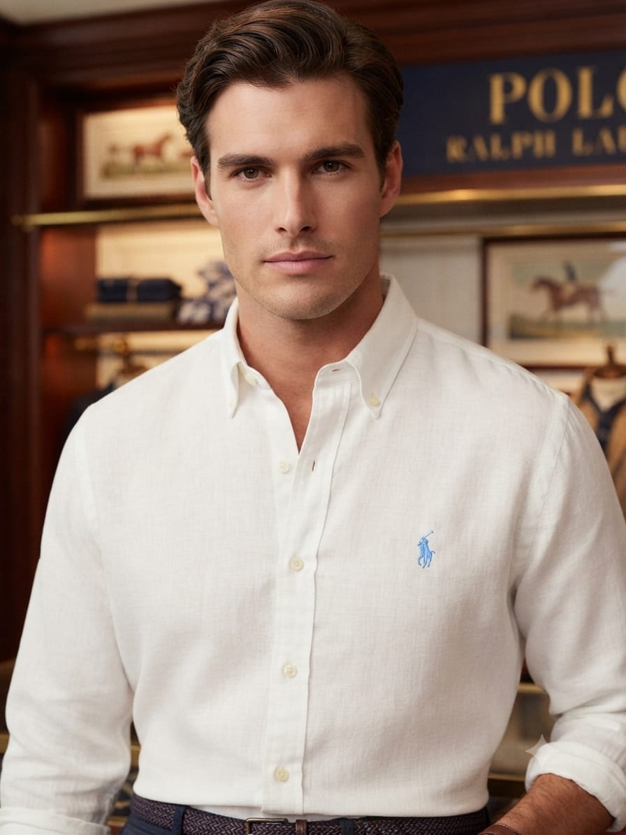 Ralph Lauren men's white 100% cotton twill regular fit shirt with embroidered logo
