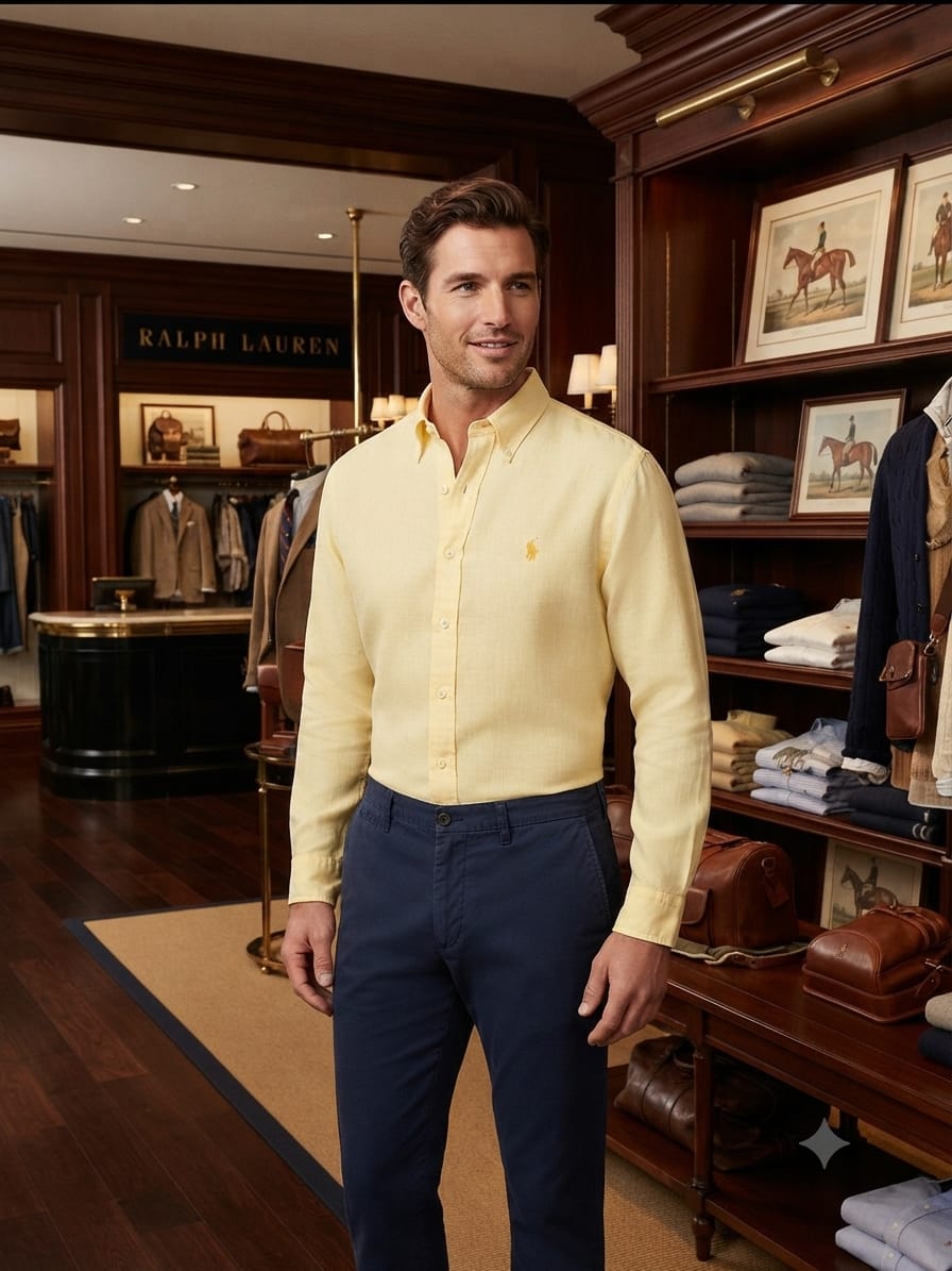 Ralph Lauren men's yellow 100% cotton twill regular fit shirt with embroidered logo
