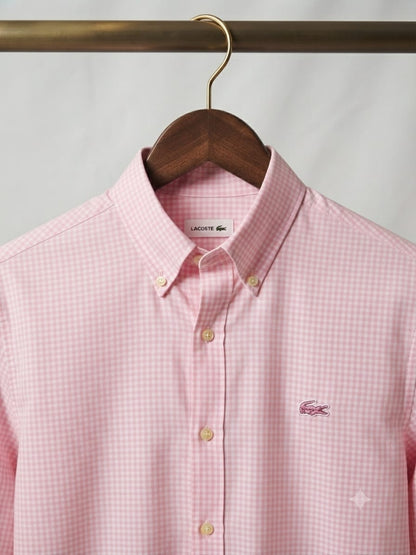 Lacoste men's onion pink 100% cotton twill regular fit shirt with embroidered logo
