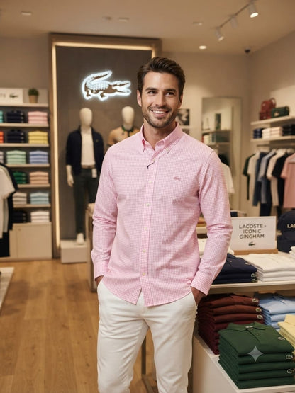 Premium Lacoste onion pink cotton twill full sleeve shirt for men
