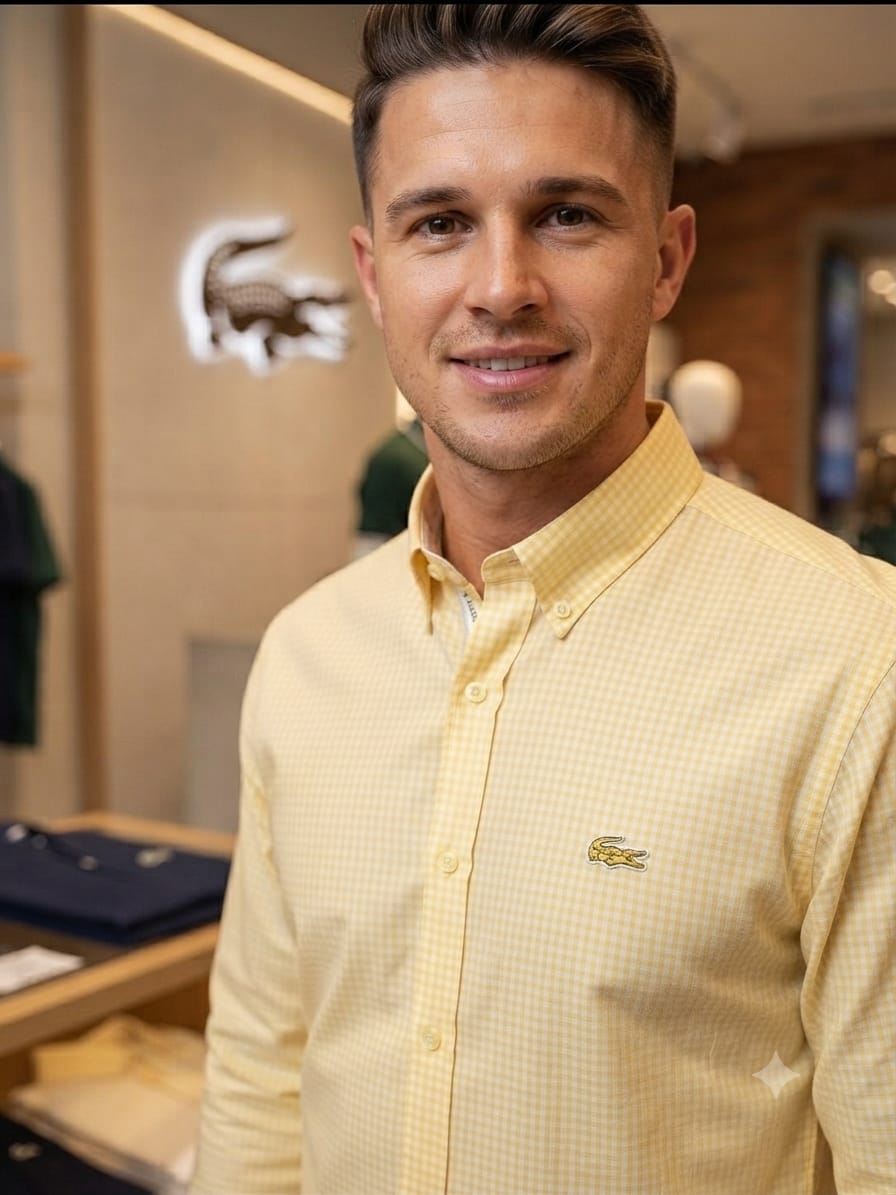 Lacoste men's yellow 100% cotton twill regular fit shirt with embroidered logo
