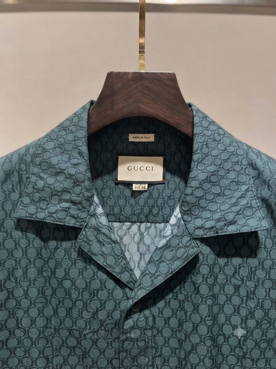 Luxury Gucci teal blue regular fit Cuban collar shirt for men