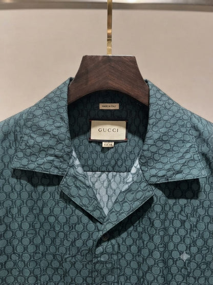 Luxury Gucci teal blue regular fit Cuban collar shirt for men