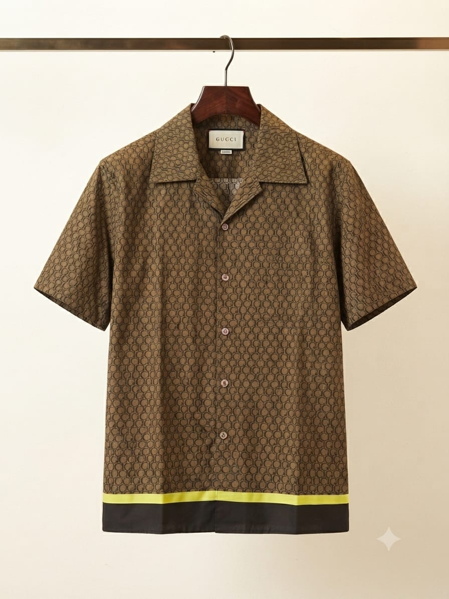 Luxury Gucci coffee brown regular fit Cuban collar shirt for men