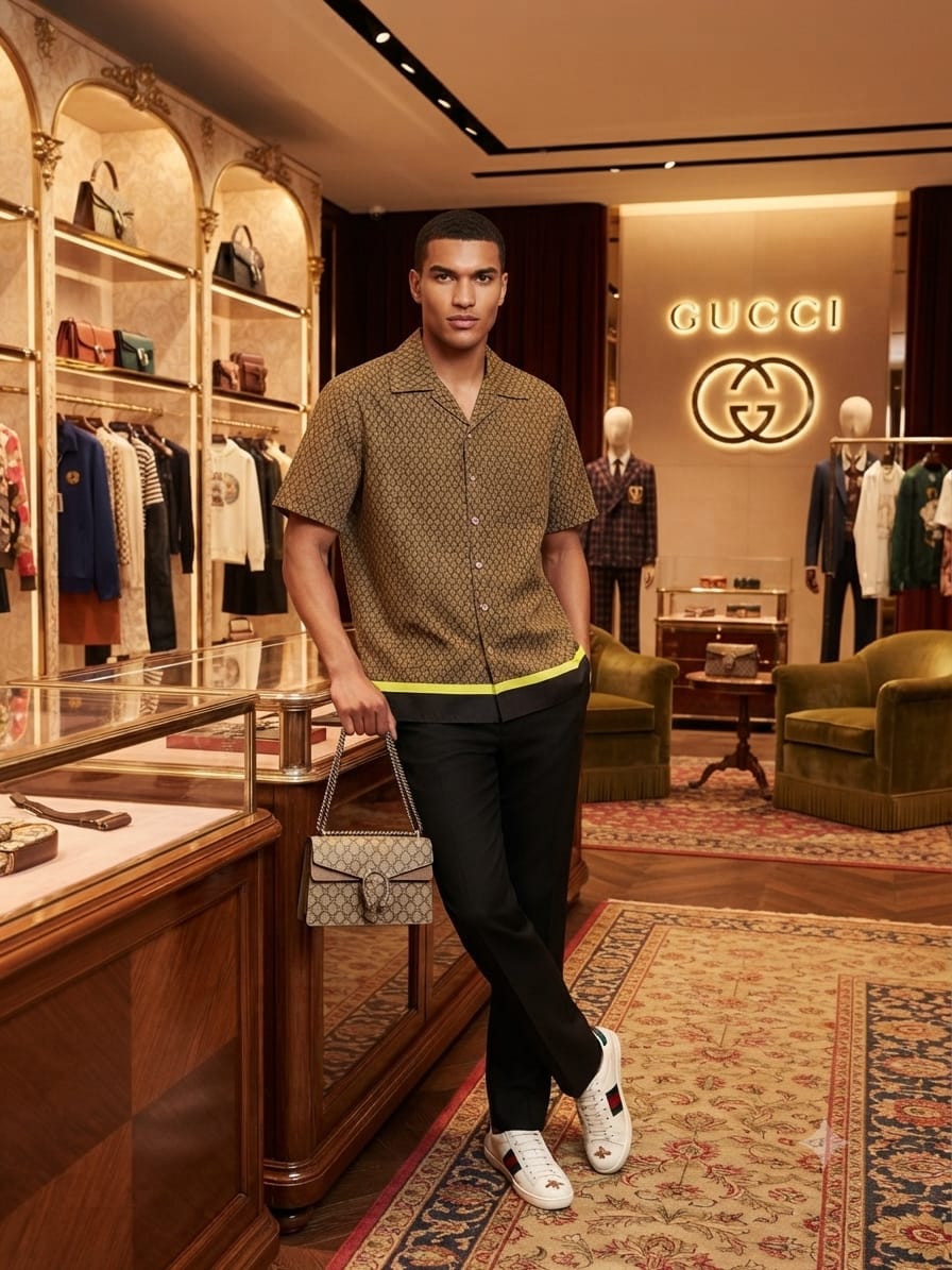 Gucci coffee brown designer Japanese fabric shirt for smart casual styling
