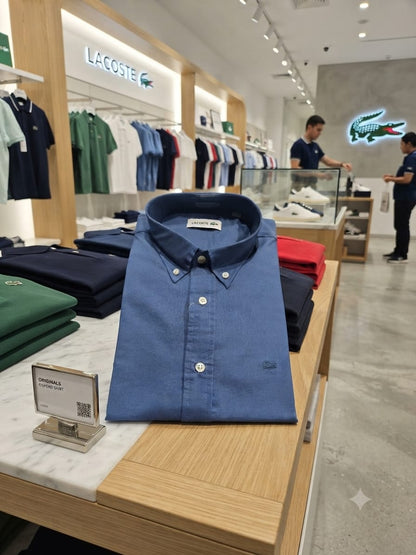Premium Lacoste blue embroidered logo cotton twill shirt
