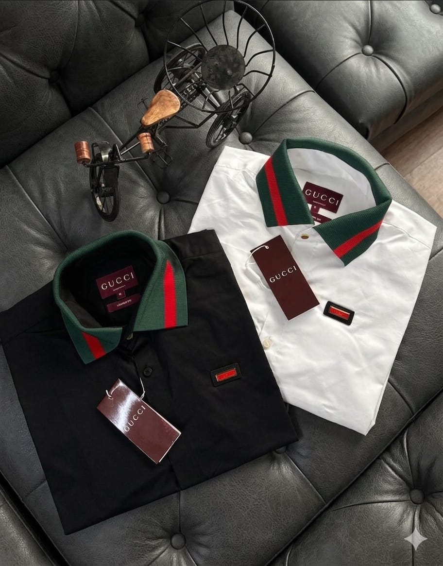 Premium Gucci designer cotton twill shirts available in white and black with original accessories