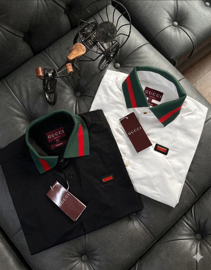 Premium Gucci designer cotton twill shirts available in white and black with original accessories