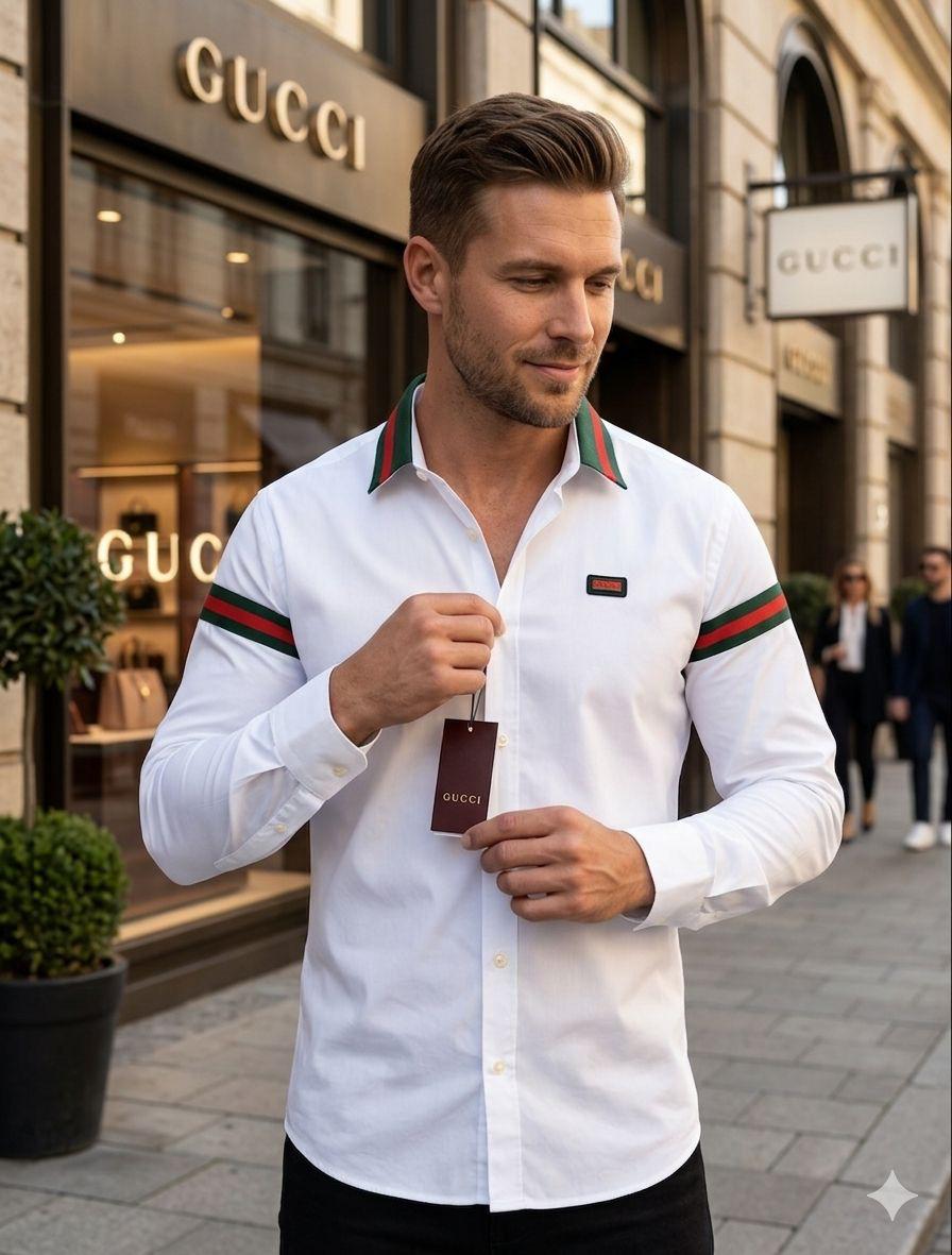 Premium Gucci white cotton twill designer shirt with regular fit