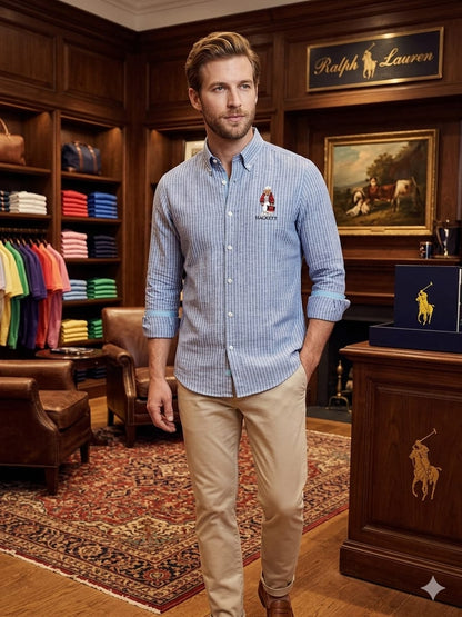 Premium Hackett London blue regular fit shirt with embroidered and patch logo
