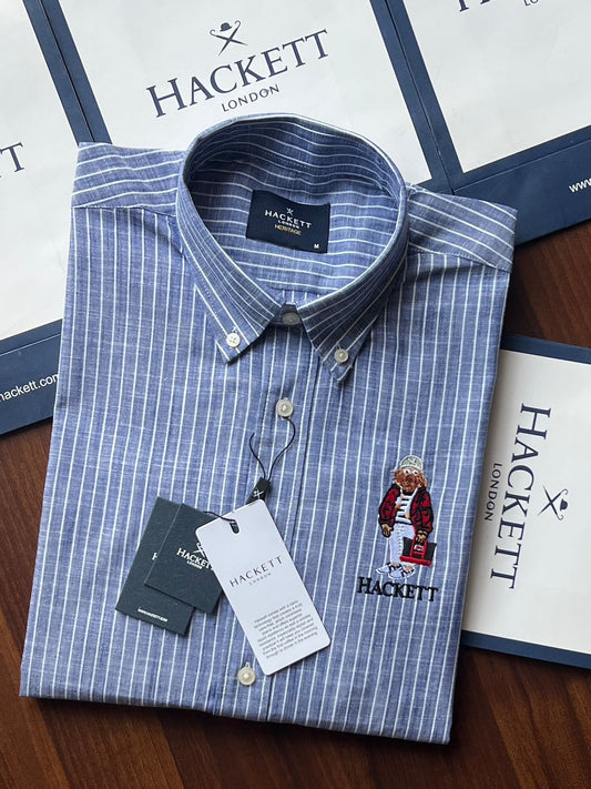 Hackett London blue button down cotton linen slub shirt for men
