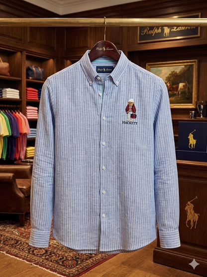 Hackett London blue premium button down shirt for office wear and smart casual styling

