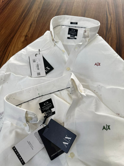 Armani Exchange men's Oxford cotton shirts with embossed branded buttons in green and lilac
