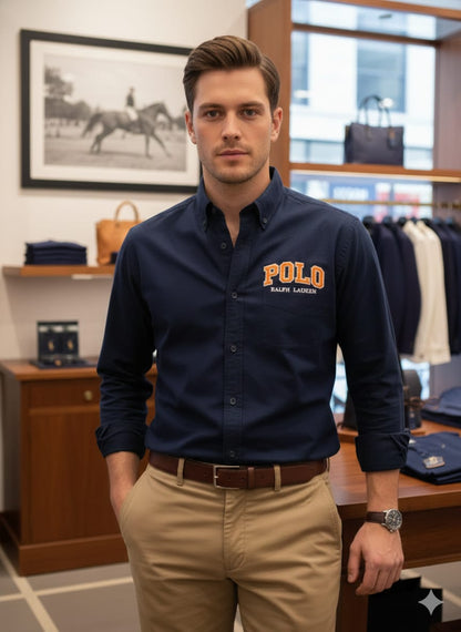 Premium Ralph Lauren navy cotton casual shirt with regular fit
