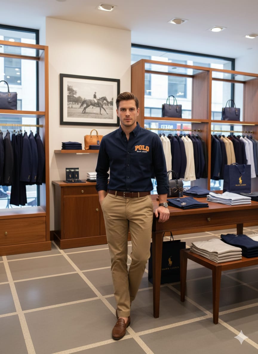 Men's Ralph Lauren navy premium cotton shirt with original accessories
