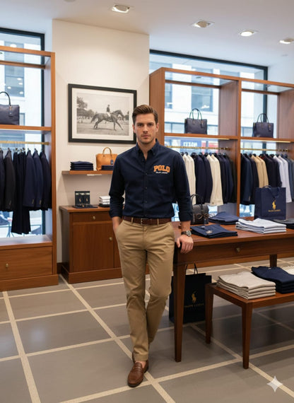 Men's Ralph Lauren navy premium cotton shirt with original accessories
