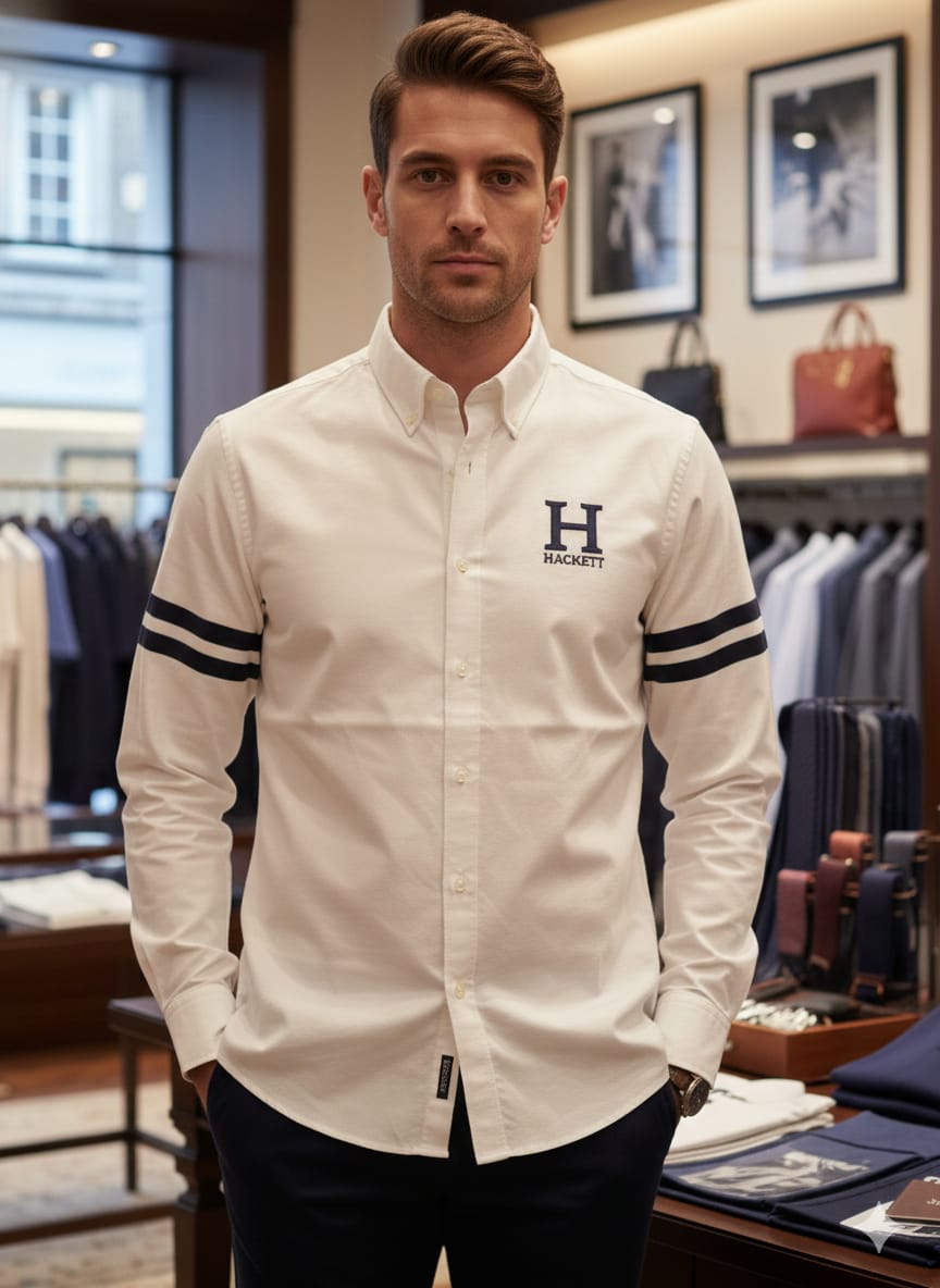 Premium Hackett London white casual shirt with embroidered logo
