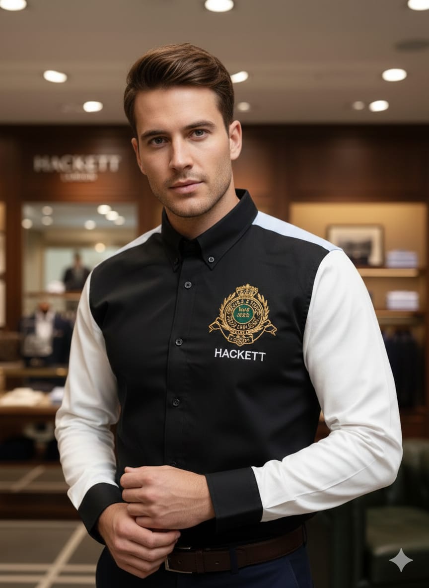 Premium Hackett London black casual shirt with embroidered logo
