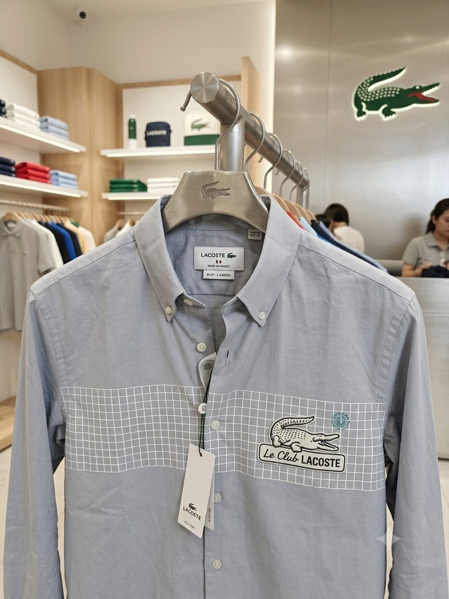 Lacoste grey premium regular fit Oxford cotton shirt with original accessories
