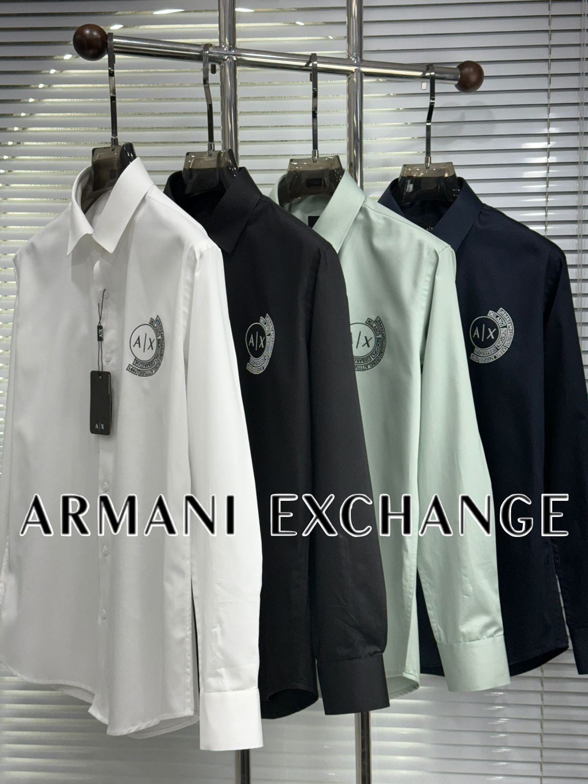Premium Armani Exchange Giza cotton shirts available in white, green, navy, and black with original accessories
