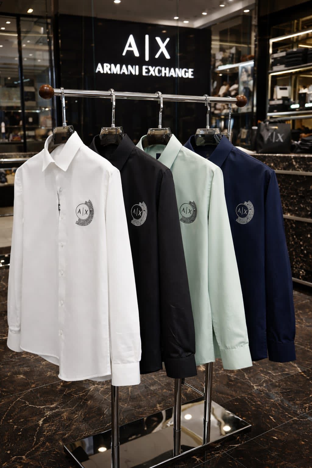 Armani Exchange premium Giza cotton regular fit shirts in white, green, navy, and black
