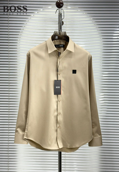 BOSS beige cotton twill regular fit shirt for men
