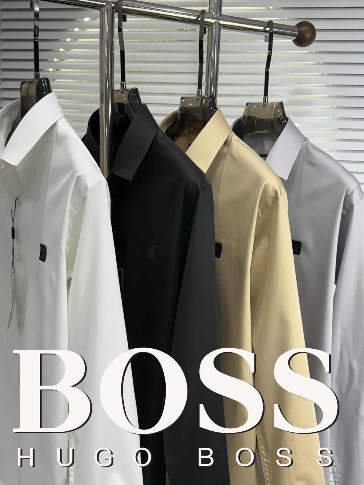 BOSS premium cotton twill regular fit shirts in beige, white, black, and grey
