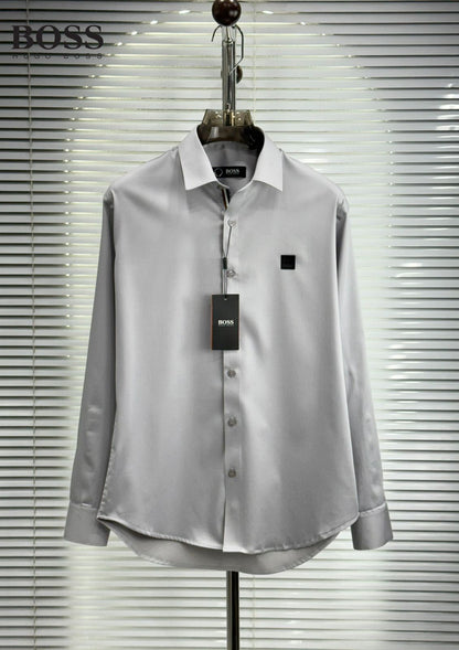 BOSS grey cotton twill regular fit shirt for men