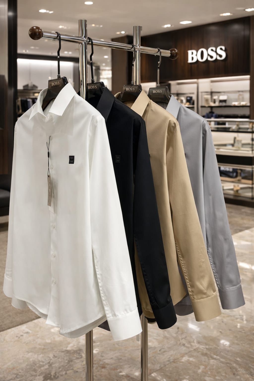BOSS men's cotton twill shirts with branded embossed buttons in beige, white, black, and grey
