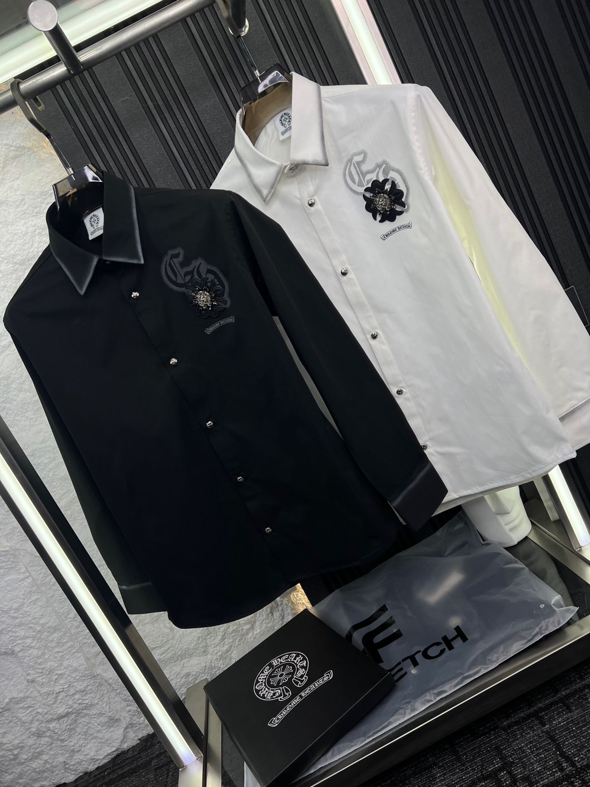 Chrome Hearts white and black twill washed shirts with imported metal badge
