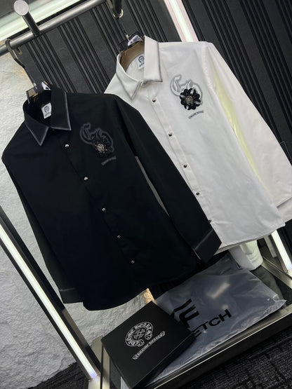 Chrome Hearts white and black twill washed shirts with imported metal badge
