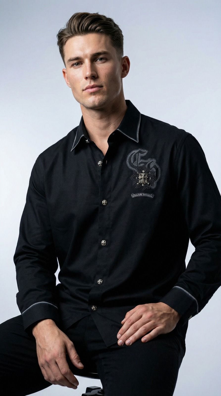 Chrome Hearts black twill washed shirt with imported metal badge for men
