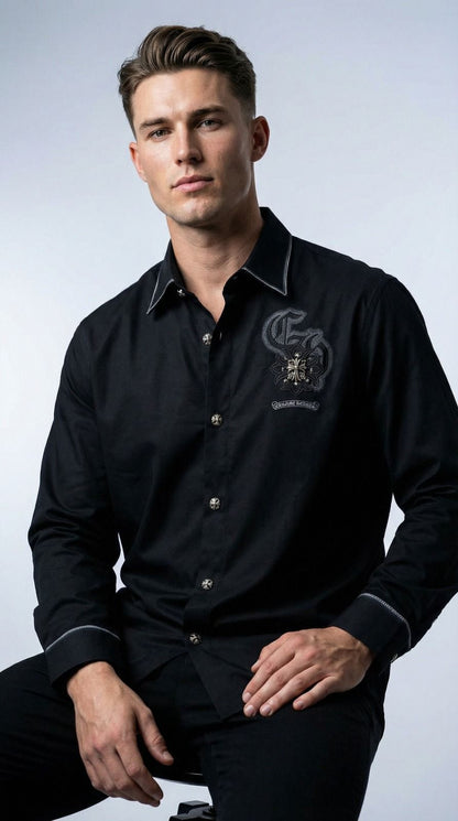 Chrome Hearts black twill washed shirt with imported metal badge for men
