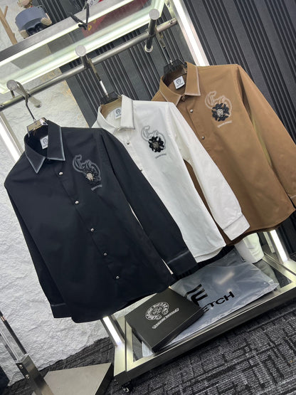 Chrome Hearts designer shirts featuring spray work on collar and cuffs in white, black, and beige
