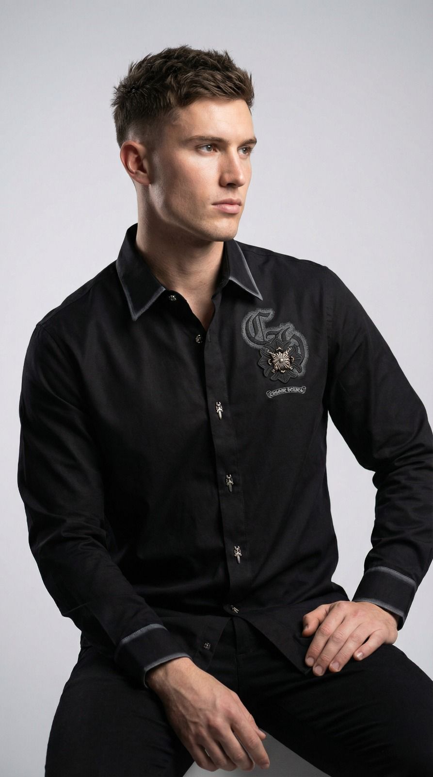 Chrome Hearts beige twill washed shirt with imported metal badge for men