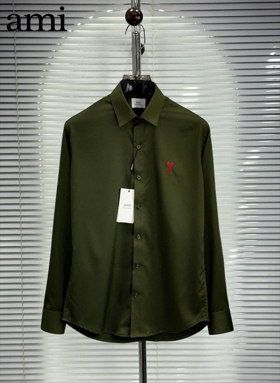 AMI Paris dark green wrinkle-free cotton regular fit shirt for men
