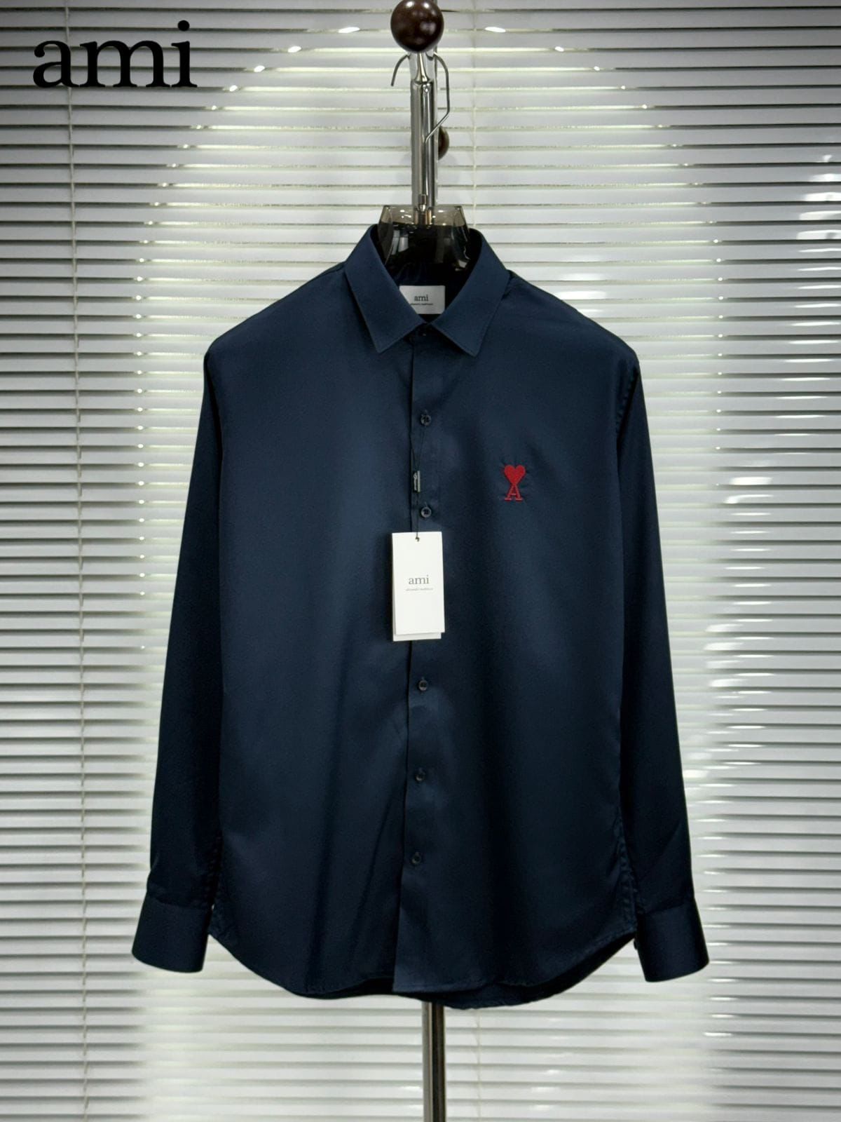 AMI Paris Navy blue wrinkle-free cotton regular fit shirt for men
